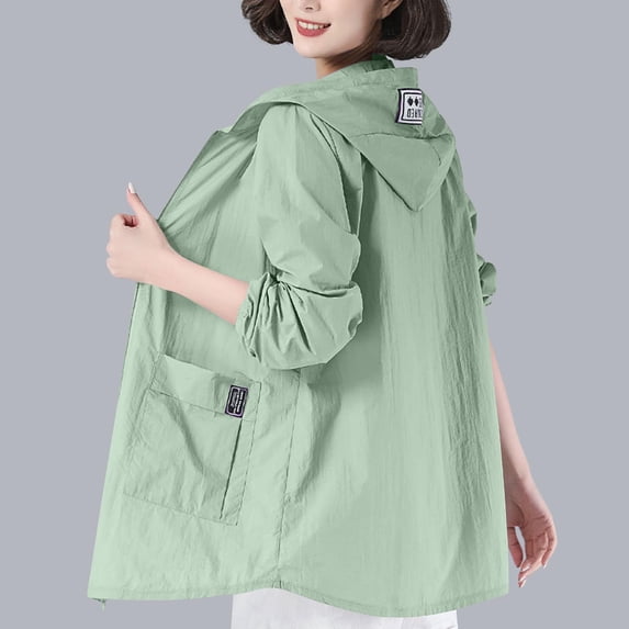 Womens UV Tops Sun Protection Solid Sunscreen Suit Pocket Zipper Long Sleeved Hooded Casual Outwear