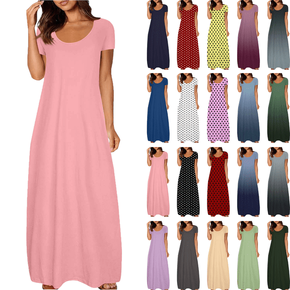 Summer Dresses for Women Plus Size Short Sleeve Dresses Flowers Solid Spot Gradient Waist Sundress V-Neck Dress Beach Vacation Dress S-5XL