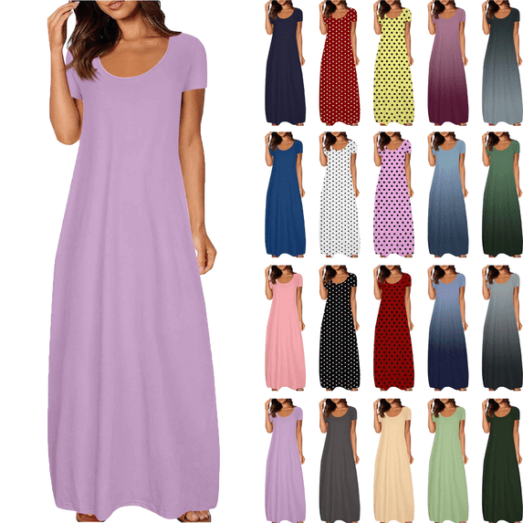 Summer Dresses for Women Plus Size Short Sleeve Dresses Flowers Solid Spot Gradient Waist Sundress V-Neck Dress Beach Vacation Dress S-5XL