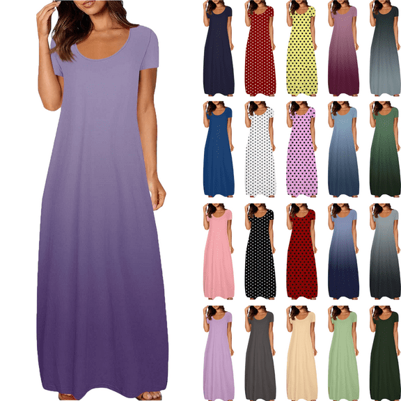 Summer Dresses for Women Plus Size Short Sleeve Dresses Flowers Solid Spot Gradient Waist Sundress V-Neck Dress Beach Vacation Dress S-5XL