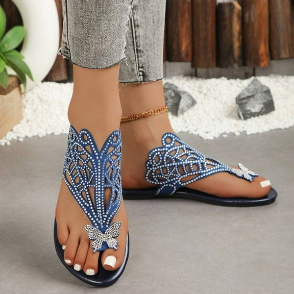 Summer Flip Flops for Women Open Toe Slip On Rhinestone Thong Flat Slides Sandals Summer Casual Women Beach Fashion Slippers Lazy Shoes