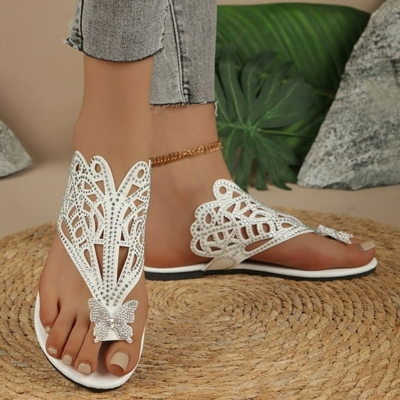 Summer Flip Flops for Women Open Toe Slip On Rhinestone Thong Flat Slides Sandals Summer Casual Women Beach Fashion Slippers Lazy Shoes