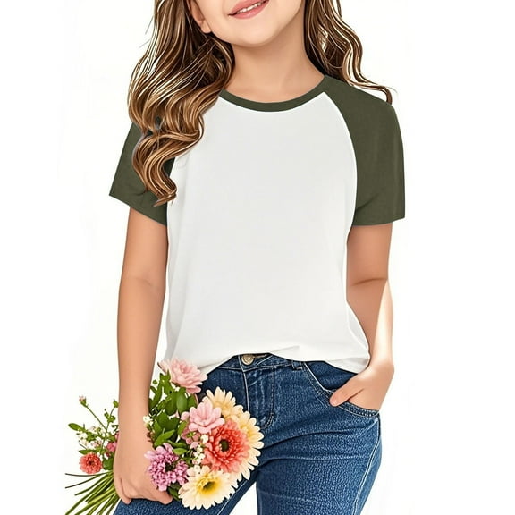 Summer Shirts for Children Boys and Girls Fashion Casual Summer Short Sleeve Crew Neck Solid Color for 3-14 Years Old Army Green