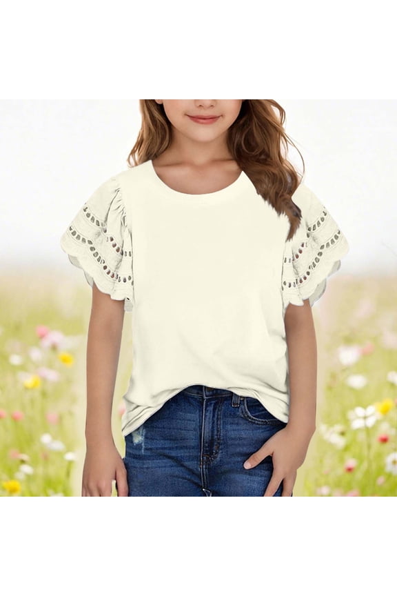 Summer Tops for Girls Size 3-14Y Ruffle Short Sleeve Crew Neck Solid Color T-Shirts Summer Casual Lightweight Tops Tween Girls Trendy ClothesWhite