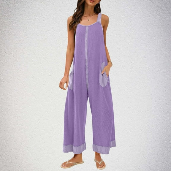 Summer Jumpsuits for Women 2025 Summer Casual Long Rompers Women's Fashion Sleeveless Wide Leg Overalls with Pockets S-2XL