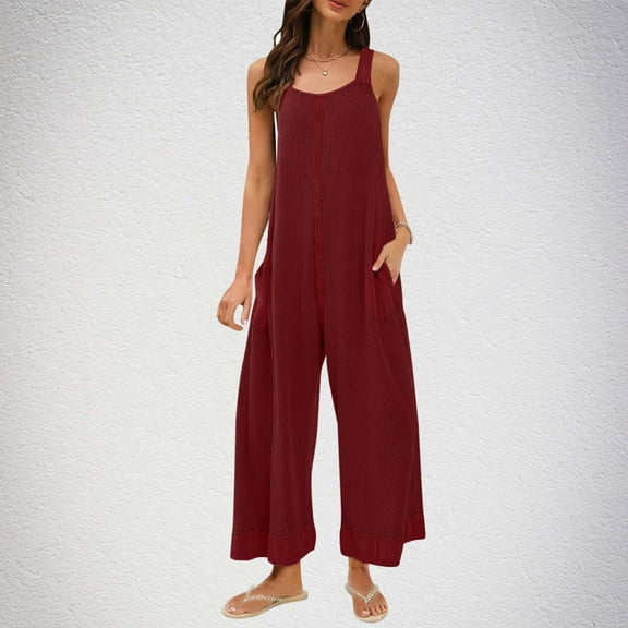 Summer Jumpsuits for Women 2025 Summer Casual Long Rompers Women's Fashion Sleeveless Wide Leg Overalls with Pockets S-2XL