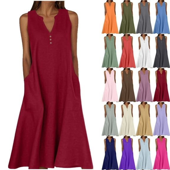 Summer Maxi Dresses for Women Solid Color Womens Dress V Neck Sleeveless Ladies' Dress with Side Pockets Button Summer Vacation Beach Fashion Plus Size S-XXXXXL