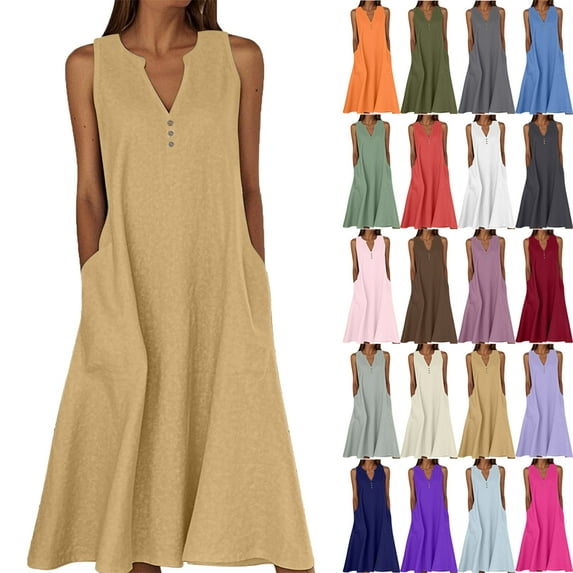 Summer Maxi Dresses for Women Solid Color Womens Dress V Neck Sleeveless Ladies' Dress with Side Pockets Button Summer Vacation Beach Fashion Plus Size S-XXXXXL
