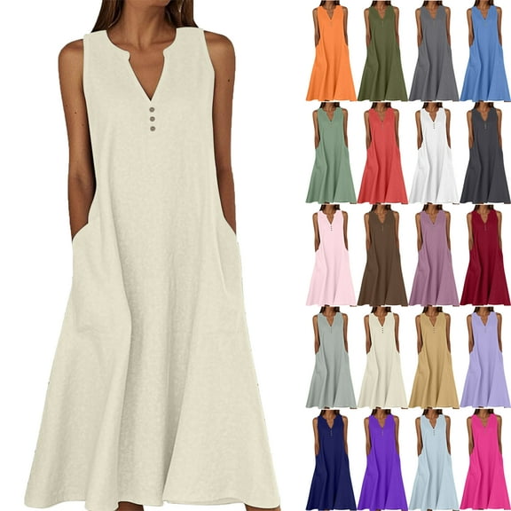 Summer Maxi Dresses for Women Solid Color Womens Dress V Neck Sleeveless Ladies' Dress with Side Pockets Button Summer Vacation Beach Fashion Plus Size S-XXXXXL