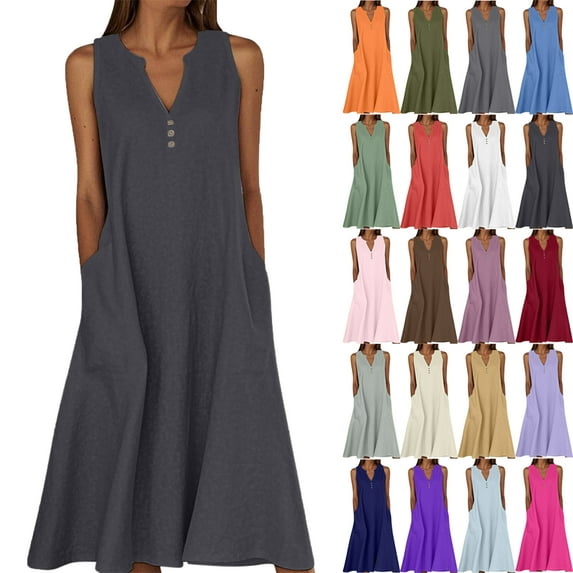 Summer Maxi Dresses for Women Solid Color Womens Dress V Neck Sleeveless Ladies' Dress with Side Pockets Button Summer Vacation Beach Fashion Plus Size S-XXXXXL