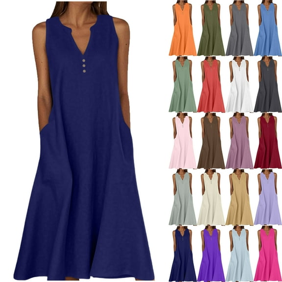 Summer Maxi Dresses for Women Solid Color Womens Dress V Neck Sleeveless Ladies' Dress with Side Pockets Button Summer Vacation Beach Fashion Plus Size S-XXXXXL