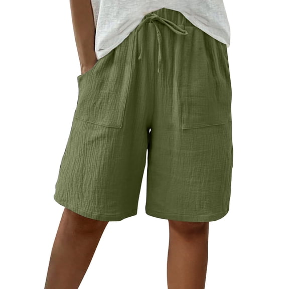 Rciityk Summer Shorts for Women Casual High Waisted Drawstring Shorts Solid Color Wide Leg Bermuda Long Shorts with Pockets