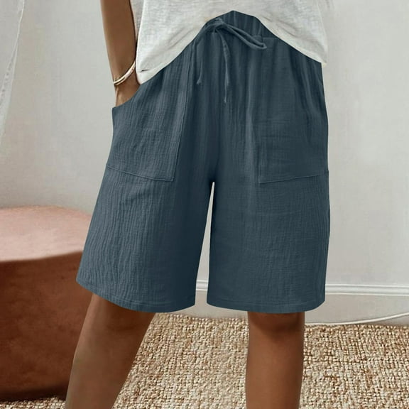 Rciityk Summer Shorts for Women Casual High Waisted Drawstring Shorts Solid Color Wide Leg Bermuda Long Shorts with Pockets