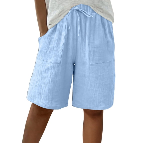 Rciityk Summer Shorts for Women Casual High Waisted Drawstring Shorts Solid Color Wide Leg Bermuda Long Shorts with Pockets