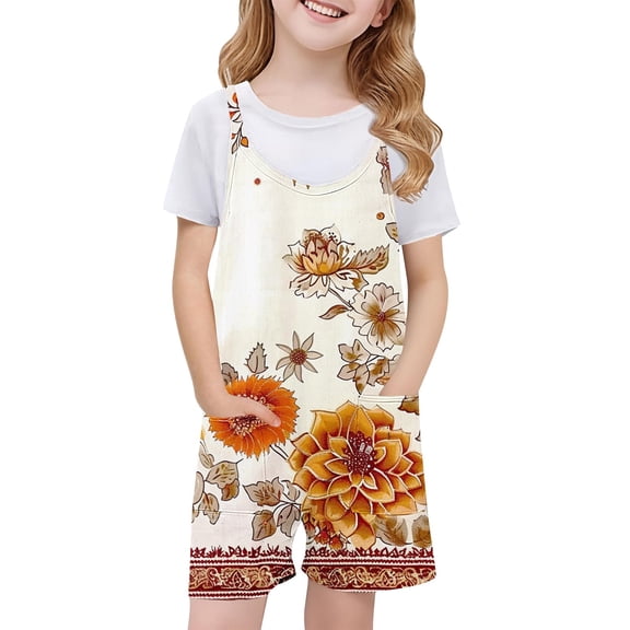 Summer Rompers for Girls Jumpsuit Shorts Casual Loose Children Kids Summer Crew Neck Sleeveless Spaghetti Strap Overalls Onesis with Pockets