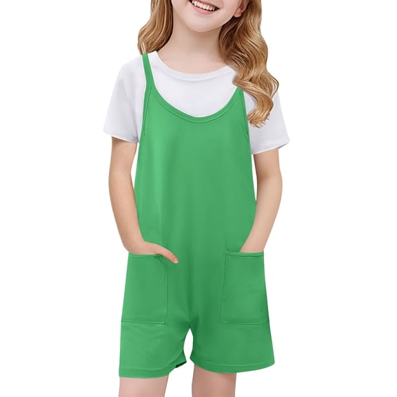 Summer Rompers for Girls Jumpsuit Shorts Casual Loose Children Kids Summer Crew Neck Sleeveless Spaghetti Strap Overalls Onesis with Pockets
