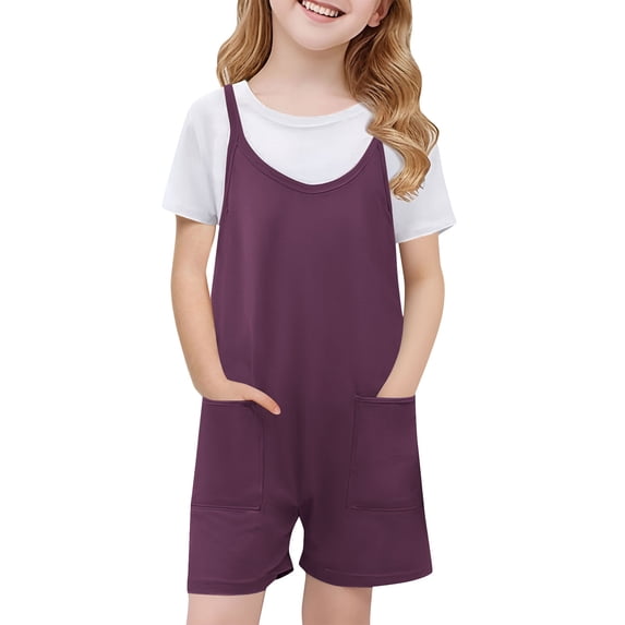 Summer Rompers for Girls Jumpsuit Shorts Casual Loose Children Kids Summer Crew Neck Sleeveless Spaghetti Strap Overalls Onesis with Pockets