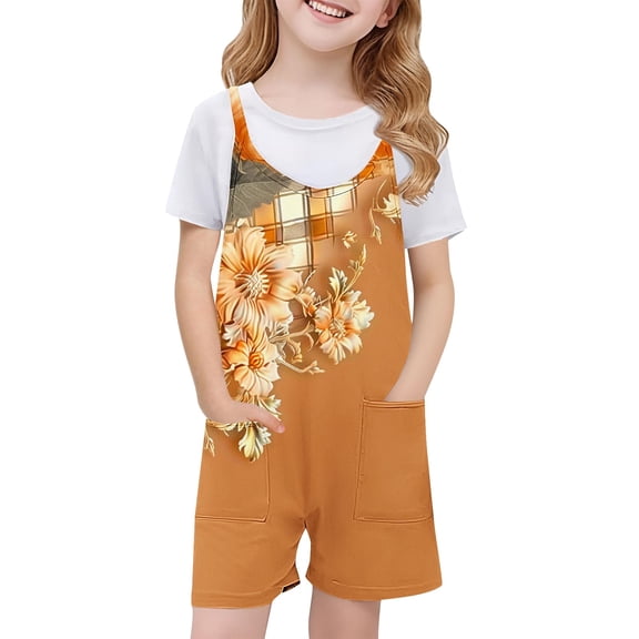 Summer Rompers for Girls Jumpsuit Shorts Casual Loose Children Kids Summer Crew Neck Sleeveless Spaghetti Strap Overalls Onesis with Pockets
