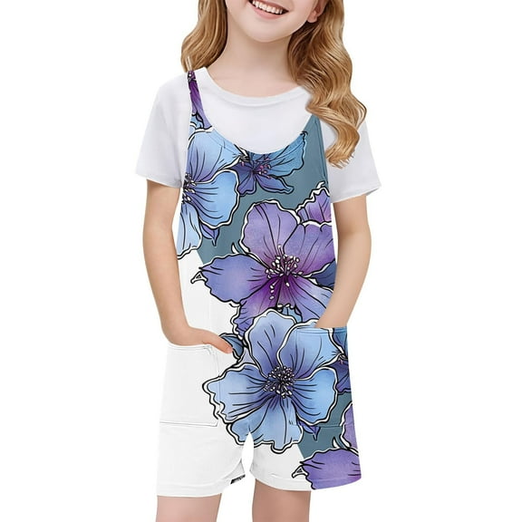 Summer Rompers for Girls Jumpsuit Shorts Casual Loose Children Kids Summer Crew Neck Sleeveless Spaghetti Strap Overalls Onesis with Pockets