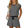 thumbnail image 1 of Summer Rompers for Women Jumpsuit Shorts Casual Loose Fit Summer Women's Fashion Striped Drawstring Short Sleeve Crew Neck Overalls S-2XL, 1 of 4