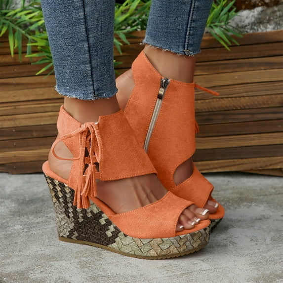 Summer Sandals for Women 2025 Arch Support Wedge Peep Toe Causal Daily Shoes with Side Zipper for Women Beach Vacation Fashion