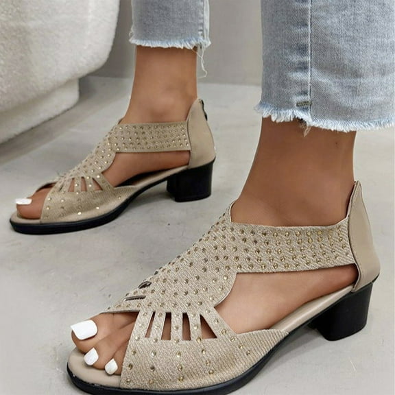 Summer Sandals for Women 2025 Chunky Heel Wedge Open Toe Peep Toe Rhinestone Slippers with Zipper Summer Casual Women Beach Fashion Shoes