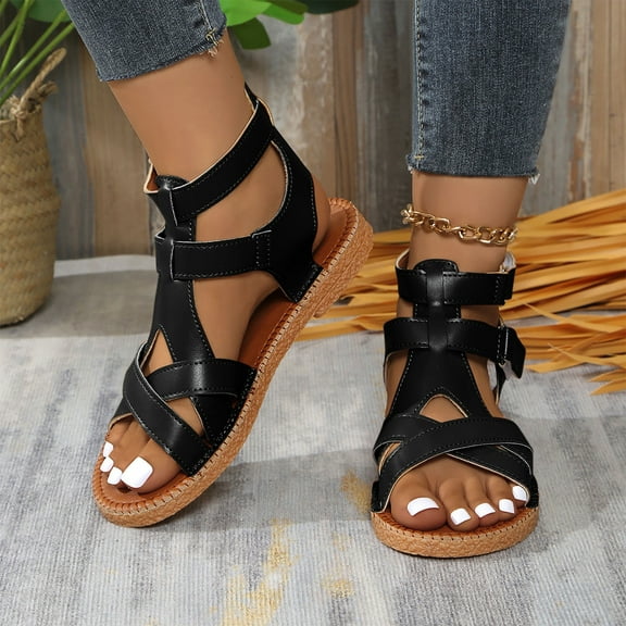 Summer Sandals for Women 2025 Gladiator Open Toe Ankle Strap Flats Slides Slippers Summer Casual Women Beach Fashion Shoes