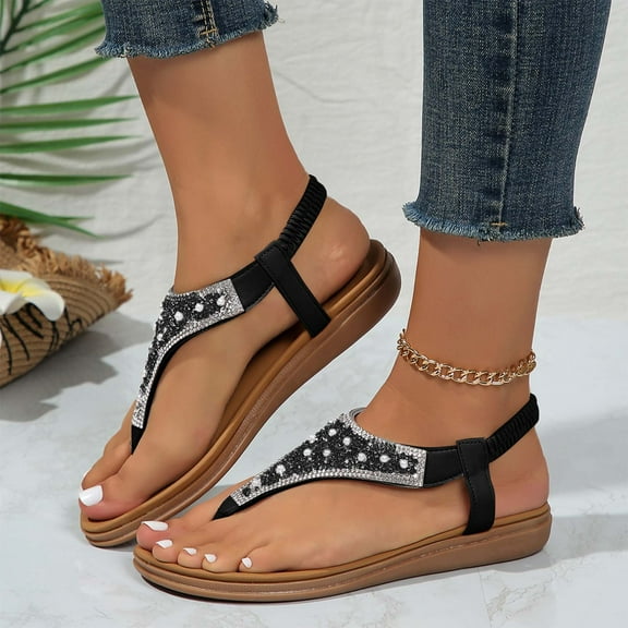 Summer Sandals for Women 2025 Open Toe Elastic Strap Rhinestone Thong Flats Flips Flops Summer Casual Women Beach Fashion Shoes