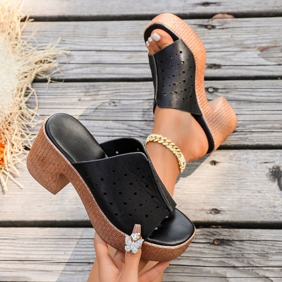Summer Sandals for Women 2025 Slip-On Thick Heel Open Toe Hollow Causal Daily Slippers Shoes for Women Beach Vacation Fashion