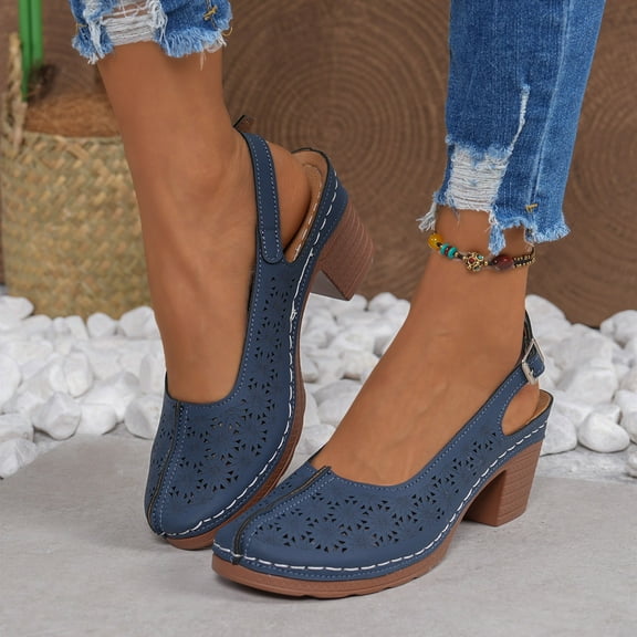 Summer Sandals for Women 2025 Thick Heel Close Toe Hollow Adjustable Ankle Strap Causal Daily Shoes for Women Beach Vacation Fashion