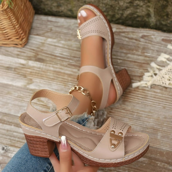 Summer Sandals for Women 2025 Chunky Heel Open Toe Peep Toe Buckle Ankle Strap Slippers with Zipper Summer Casual Women Beach Fashion Shoes