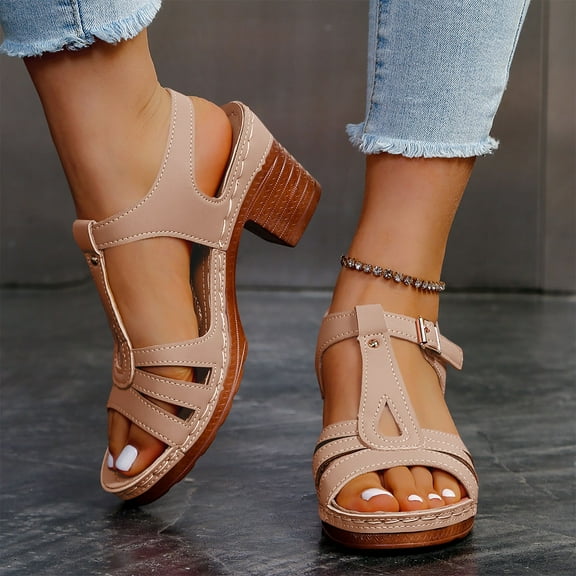 Summer Sandals for Women 2025 Thick Heel Slip-On Peep Toe Causal Daily Shoes with Buckle for Women Beach Vacation Fashion