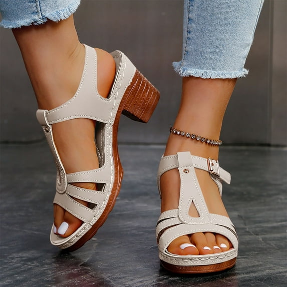 Summer Sandals for Women 2025 Thick Heel Slip-On Peep Toe Causal Daily Shoes with Buckle for Women Beach Vacation Fashion