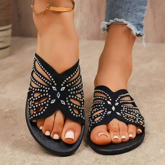 Summer Slippers for Women 2025 Open Toe Hollow Rhinestone Causal Daily Outdoor Flat Slides Shoes for Women Beach Vacation Fashion