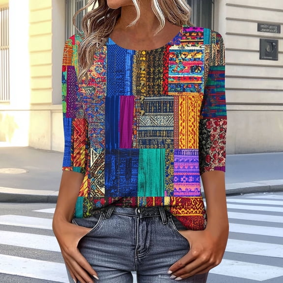 Spring Tops For Women Plus Size Crew Neck 3/4 length SleevePrnited Dressy Pullover Lightweight Tops Blouses Summer Workout Going Out Shirts for Women