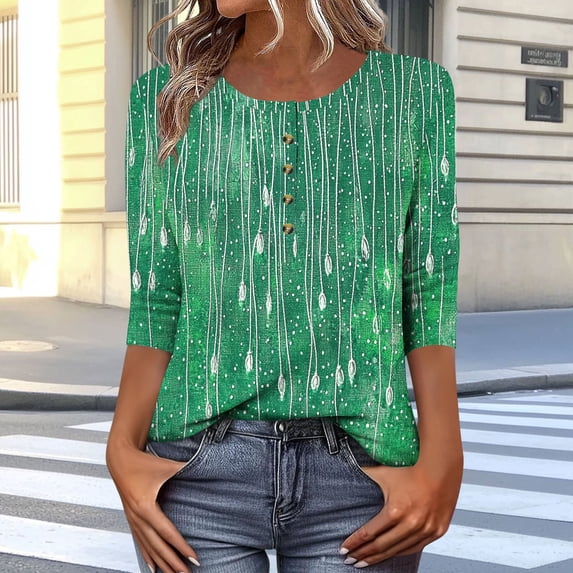 Spring Tops For Women Plus Size Crew Neck 3/4 length SleevePrnited Dressy Pullover Lightweight Tops Blouses Summer Workout Going Out Shirts for Women