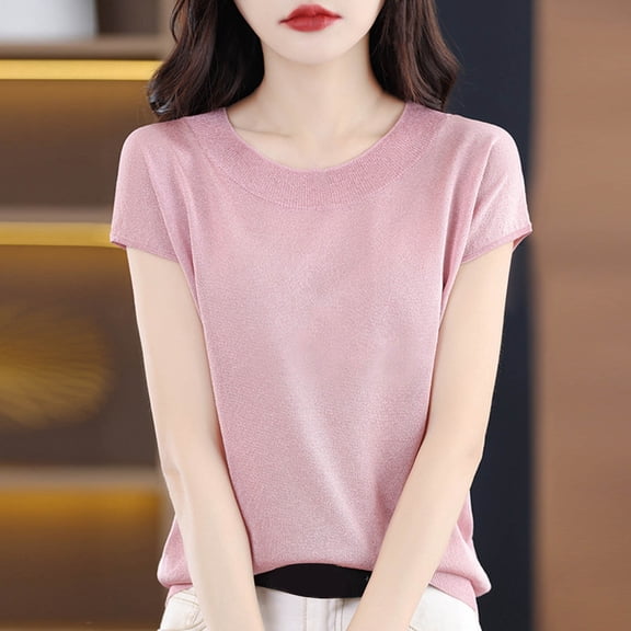 Spring Tops For Women Plus Size Summer Casual Loose Crew Neck Short Sleeve Solid Color Workout Pullover Lightweight Breathable Blouses T-Shirt for Women