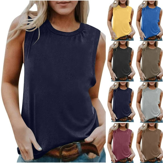 Tank Tops for Women Plus Size Solid Color Sleeveless Crew Neck T-Shirt Summer Beach Vacation Casual Loose Going Out Tops Camisole