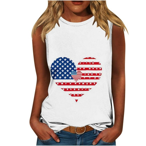 Summer Tank Tops For Women Independence Day Sleeveless Shirts Heart Graphic Usa Flag Star Printed Baggy Boho Tank Tee Light Breathable Camisole Beach Vacation Blouses