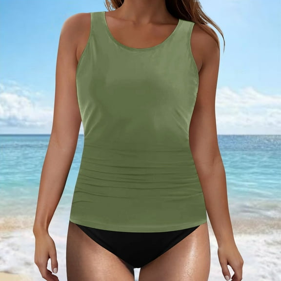 Summer Tankini Swimsuit Sets for Women with Chest Cushion No Underwire Crew Neck Hybrids Bikini Swimwear for Women Beach Fashion