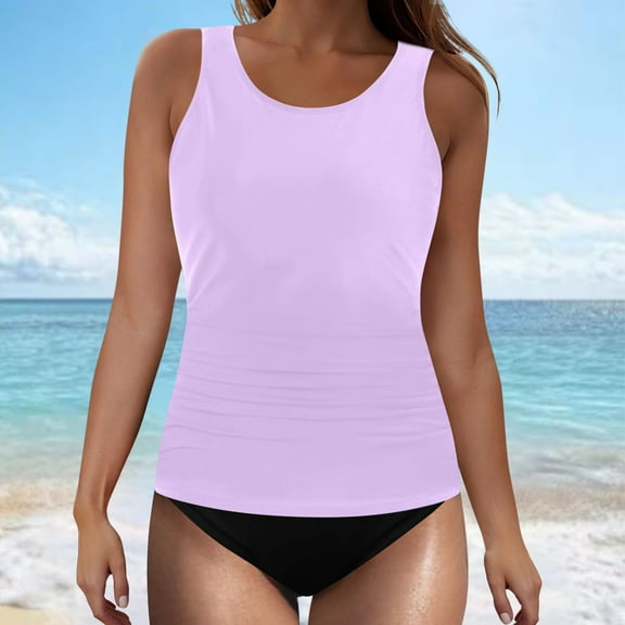 Summer Tankini Swimsuit Sets for Women with Chest Cushion No Underwire Crew Neck Hybrids Bikini Swimwear for Women Beach Fashion