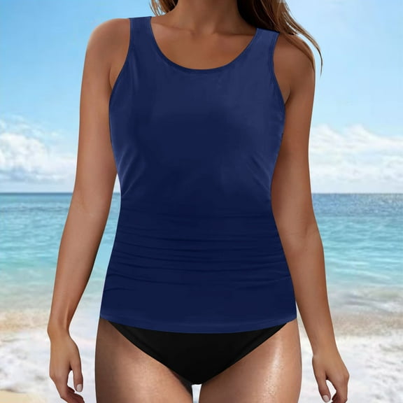 Summer Tankini Swimsuit Sets for Women with Chest Cushion No Underwire Crew Neck Hybrids Bikini Swimwear for Women Beach Fashion