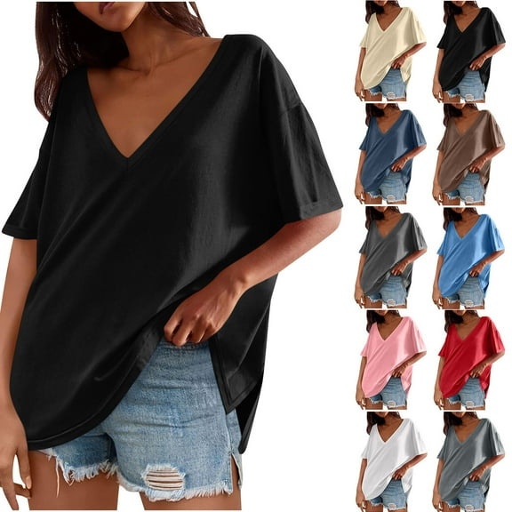 Tops for Women Plus Size Short Sleeve Pullover Blouses V-Neck Drop Shoulder Casual Loose Summer Workout Shirts S-2XL