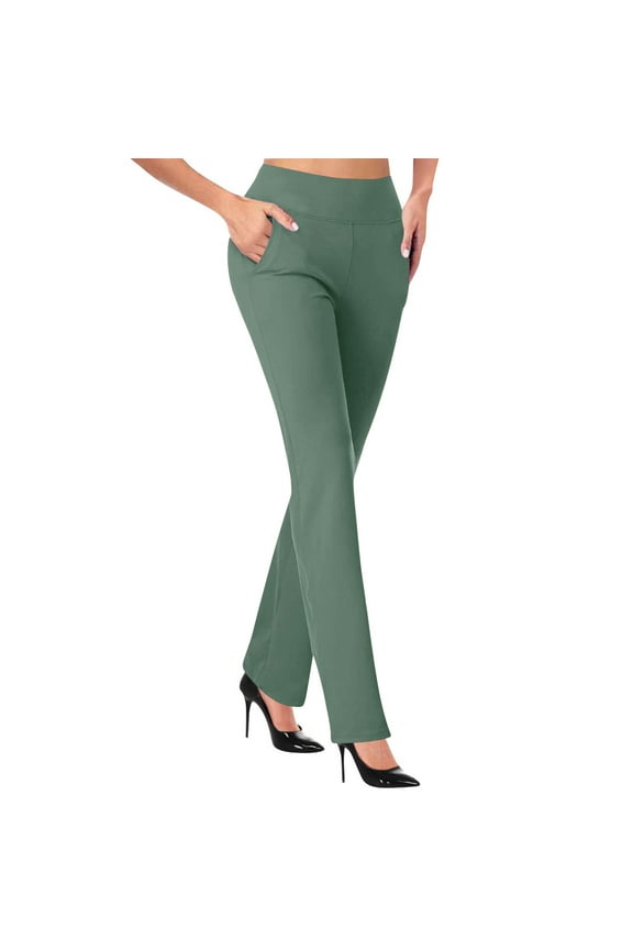 Summer UTSJKR Women's High Waist Pull-On Straight Leg Pants with Side Pockets Belt Loops Flare Palazzo Long Pants for Women Army Green 8