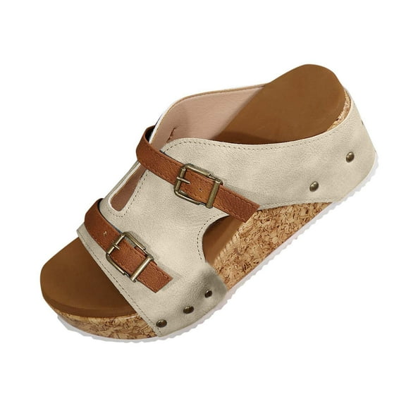 Summer Womans Slippers for Beach Fashion Espadrille Wedge Open Toe Slip-On Buckle Sandals Casual Daily Shoes Beige 9.5