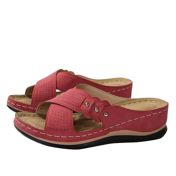 Summer Womans Slippers for Women Beach Wedge Open Toe Slip-On Peep Toe Plus Size Casual Daily Comfortable Shoes Red 6