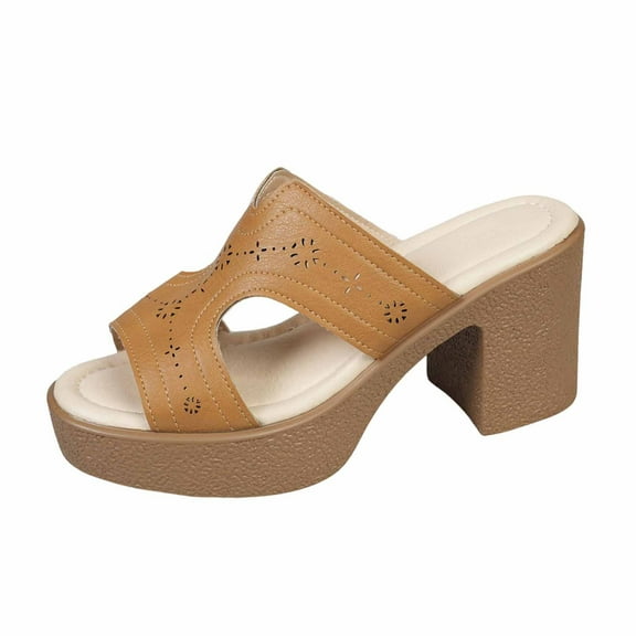 Summer Women's Sandals Casual Daily Shoes Chunky Heels Open Toe Slip-On High Heels Slippers for Women Beach Fashion Khaki 9.5