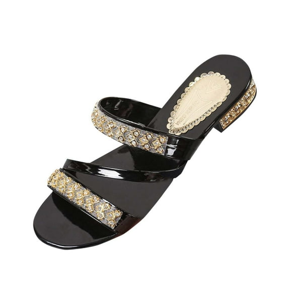 Summer Women's Slippers Open Toe Slip-On Rhinestone Flat Slides Comfortable Casual Daily Shoes for Women Beach Fashion Black 9
