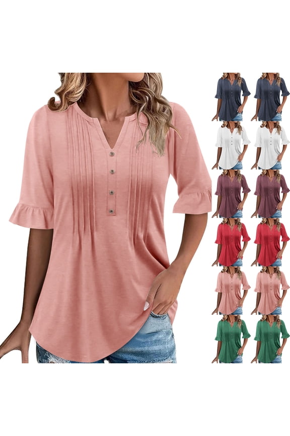 Womens Plus Size Tops Elbow-Length Dressy Blouses Crew Neck Pleated Front Casual Loose Tunic Tops Summer Shirts with Button S-2XL