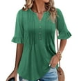 thumbnail image 1 of Summer Womens Plus Size Tops Elbow-Length Dressy Blouses Crew Neck Pleated Front Casual Loose Tunic Tops Summer Shirts with Button S-2XL, 1 of 9